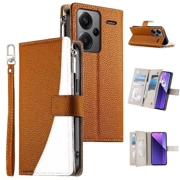 Funda cartera GANGXUN para Xiaomi Redmi Note 13 Pro Plus 5G , cuero PU con tarjetero, cremallera, correa de mano, soporte y protección 1256°