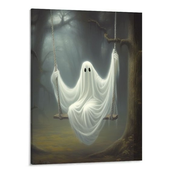 JRXY Vintage Cute Ghost Canvas Wall Art Funny Ghost on a Swing in the Forest Aesthetic Poster Gothic Dark Academia Wall Decor Creepy Spooky Abandoned Art Halloween Pictures 16x20in