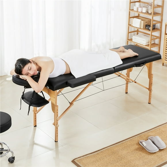 Yaheetech Portable Adjustable Massage Bed with Headrest and Armrest, Black