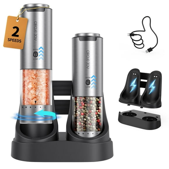 CIRCLE JOY Rechargeable Salt and Pepper Grinder Set Stainless Steel Electric Pepper Grinders with Variable Grinding Speed, External Adjustable Coarseness, Charging Base