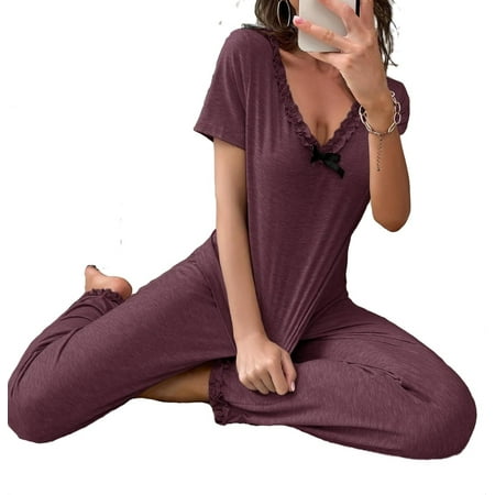 

Cute Solid V neck Pant Sets Short Sleeve Maroon Womens Pajama Sets (Women s)