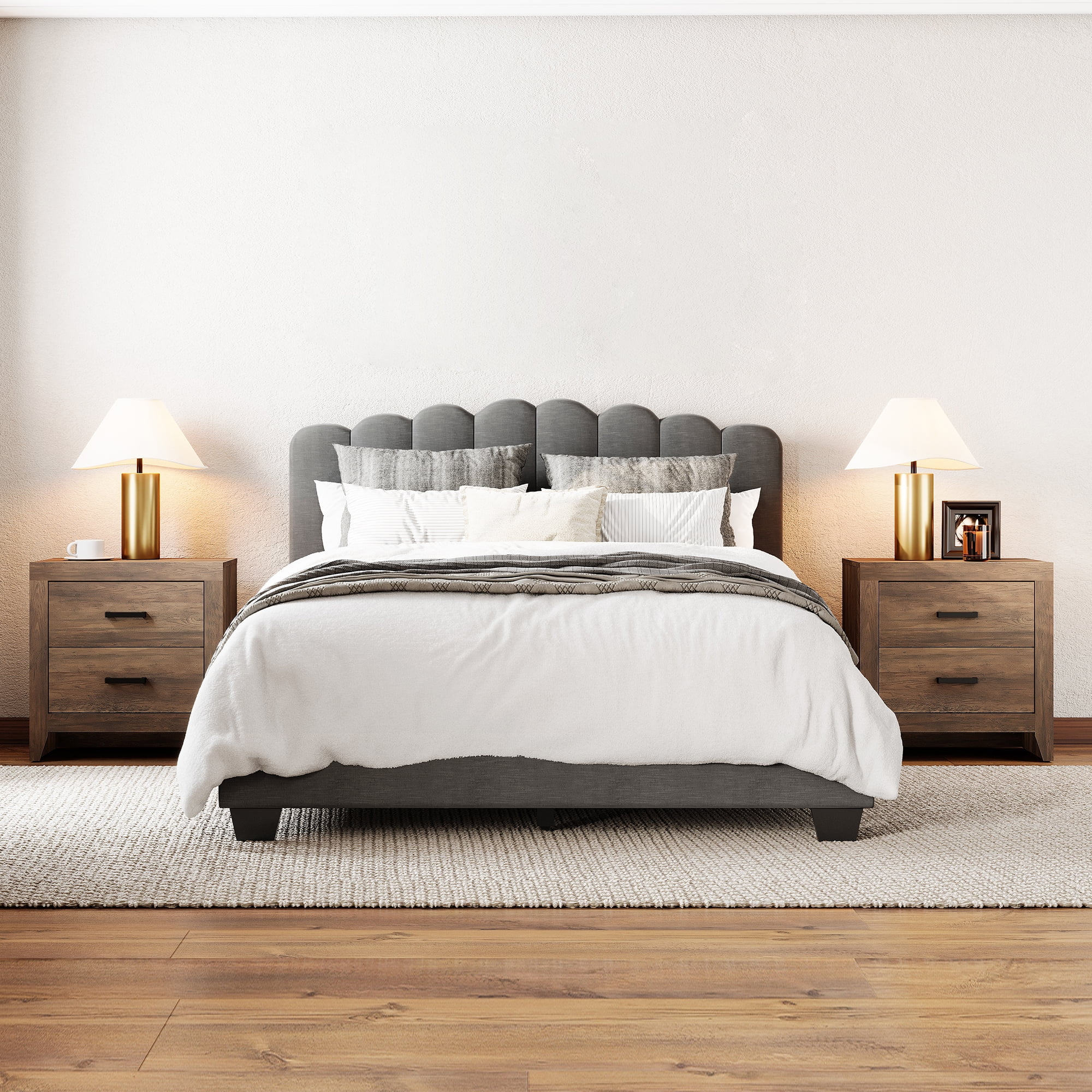 Set of 2 Farmhouse Rustic Wooden Nightstand With 2 Smooth‑Glide Storage Drawers,Solid‑Base Bedside End Table,Multi‑Purpose Accent Side Cabinet For Bedroom,Living‑Room,Brown