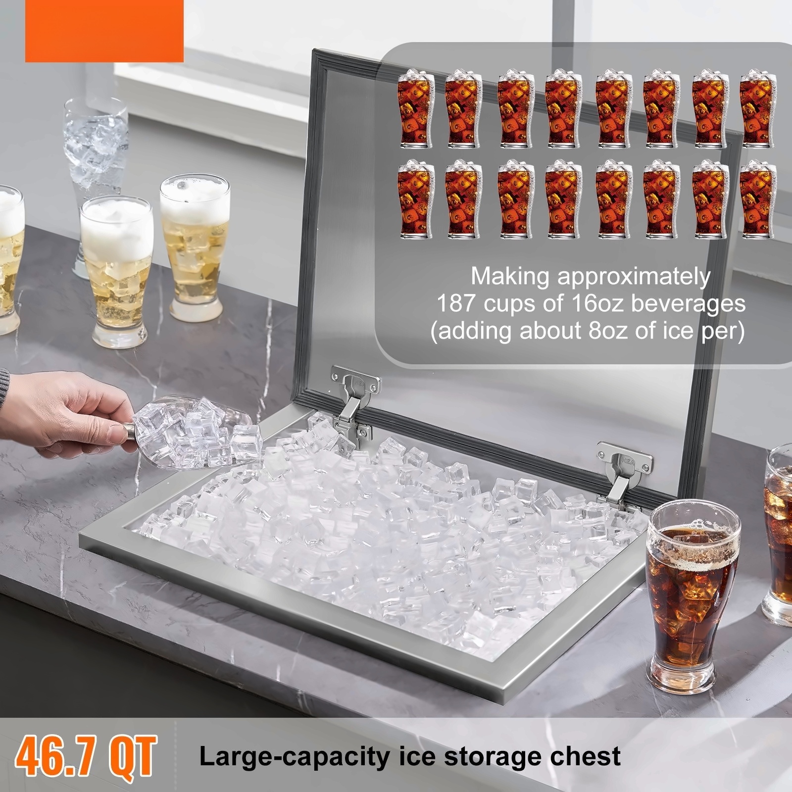 Stainless Steel Drop In Ice Chest 40 qt, 20" x 16" x 13" Commercial Ice Bin, Outdoor Kitchen Cooler, Hinged Lid, Drain Included, for Beer Wine Beverages