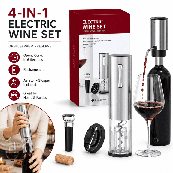 PKALQ 4-in-1 Wine Bottle Opener Set - Multi-functional Corkscrew with Foil Cutter & Bottle Sealer, Perfect Gifts for Wine Lovers, Men & Women Ideal for Home, Party, Restaurant Use