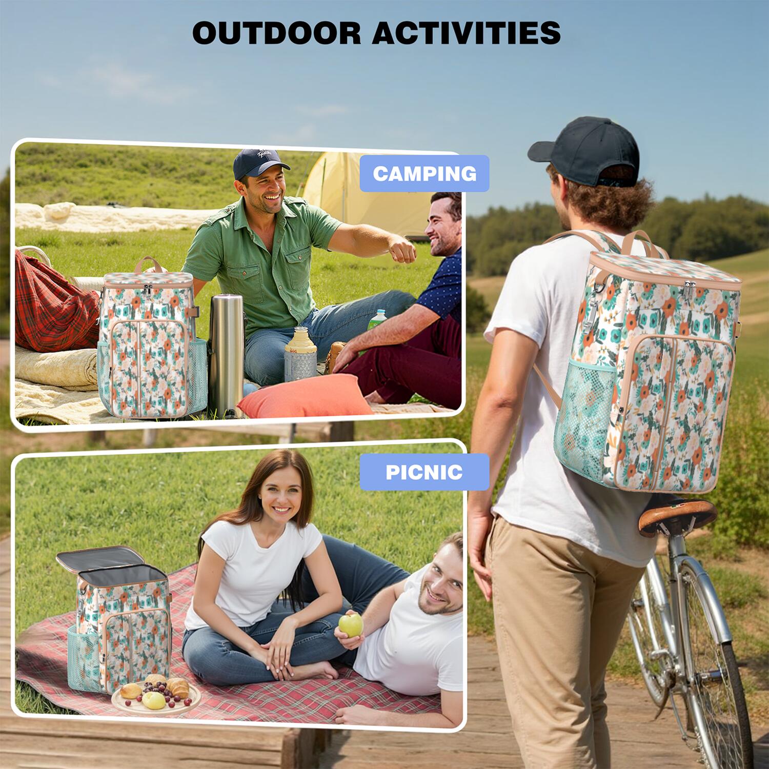 Travel Cooler Bag - Pioneer Flower Floral Print Pattern Camping Beer Cooler Backpack with Bottle Opener- Waterproof Insulated Picnic Backpacks - Cooler Bag for Beach