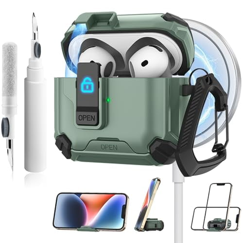 AirPods 4th Generation Case, Case Cover with Cleaning Kit and Keychain, Military Tough Protective Armor with Lock for AirPods 4 (2024), Visible LED ( Green)