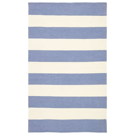 7.5' x 9.5' Blue and Ivory Striped Hand Woven Outdoor Area Throw Rug