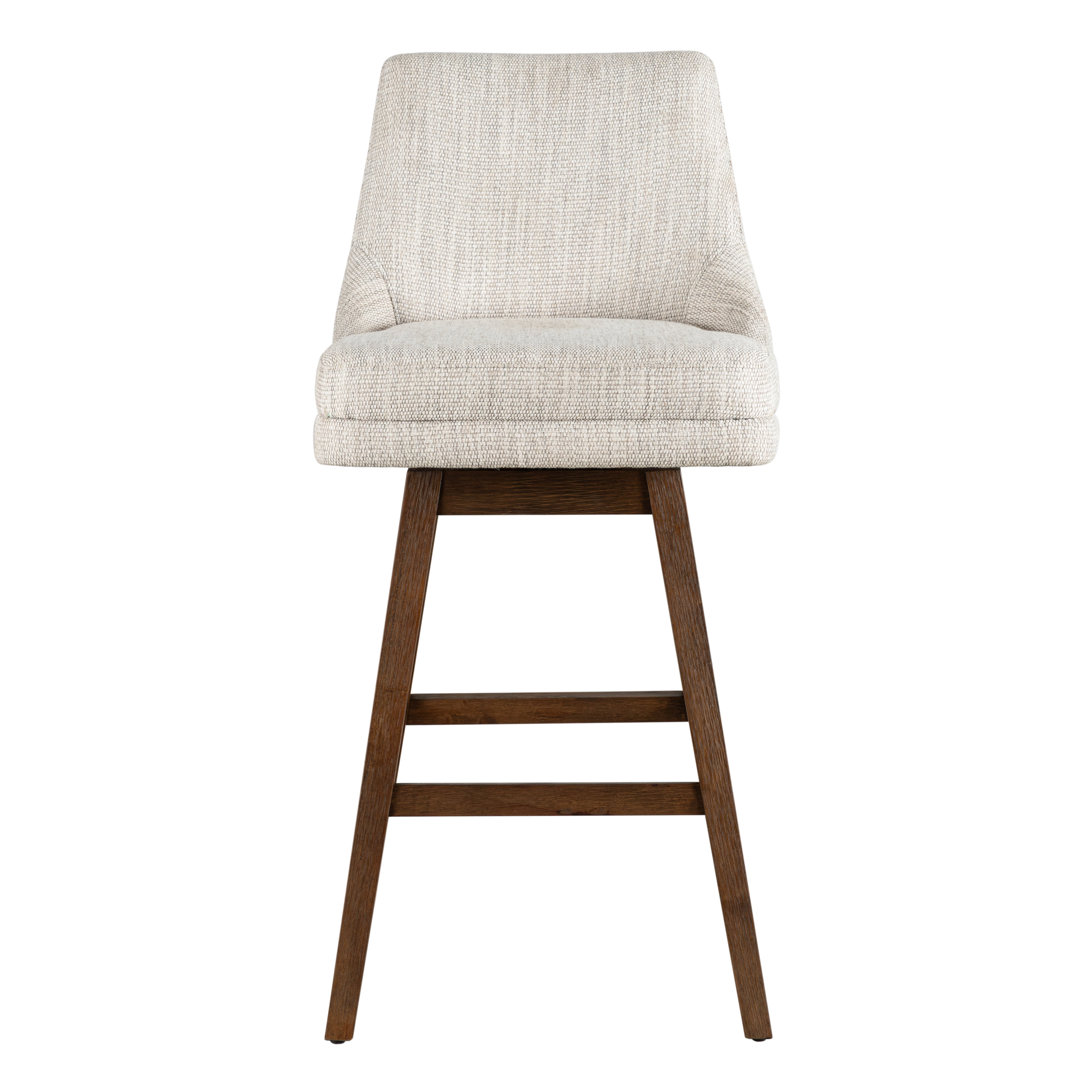 Armen Living Branson Brown Solid Wood Upholstered 30" Bar Height Swivel Barstool with Beige Fabric Seat