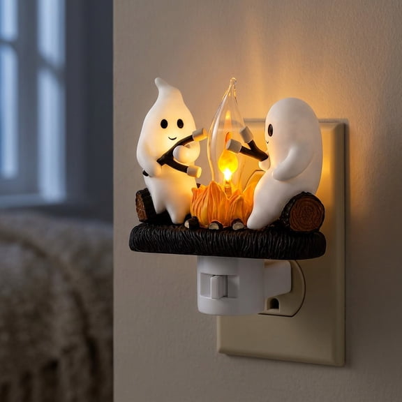 Ghost Campfire Night Light Halloween Decor, Plug-in Halloween Flickering Flame Nightlight, 3D Spooky Marshmallow Ghost Decor for Bedroom Home