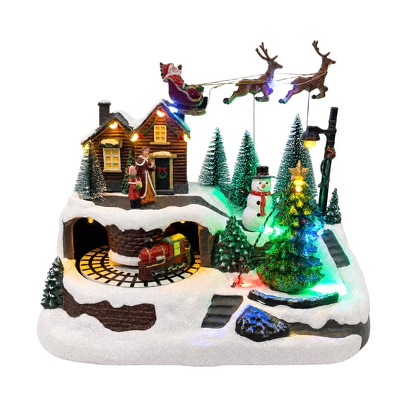 Christmas Animated Village Decorations, Christmas Houses Set with Santa & Flying Reindeer Sleigh, Spinning Train, LED Lights, Carols, Xmas Holiday Collectible Buildings for Home Tabletop Décor Gift