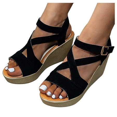 

Aayomet Cute Sandals for Women Ladies Strap Sandals Roman Fish Mouth Open Toe Causal Fashion Wedge Platform Solid Color Sandals Black 8