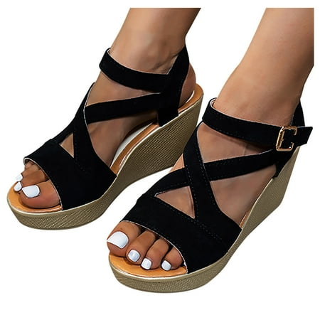

Cathalem Ladies Strap Sandals Roman Fish Mouth Open Toe Causal Fashion Wedge Platform Solid Color Slip on Sandals for Women Black 7.5