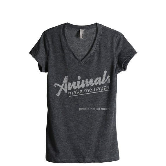 Animals Make Me Happy Women's Fashion Relaxed V-Neck T-Shirt Tee Charcoal Grey Large