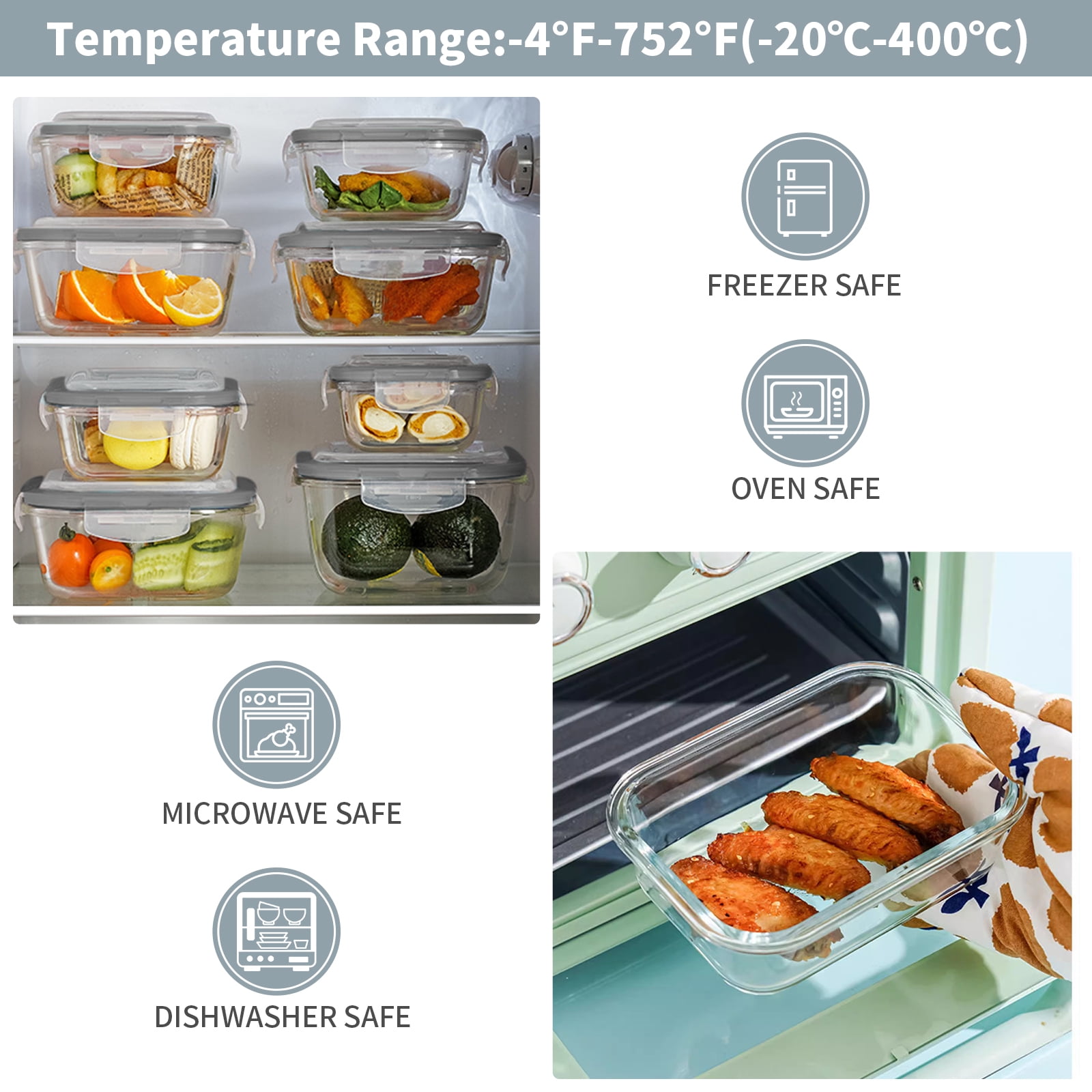 14 Pcs Glass Food Storage Containers, Meal Prep, Airtight Bento Boxes Lunch Box with Leak Proof Locking Lids, Microwave/Oven/Freezer/Dishwasher Safe, BPA Free, Gray