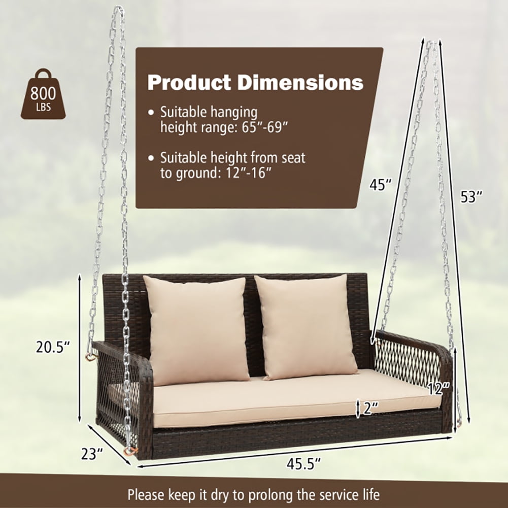Aimee Lii 2-Person Outdoor Wicker Porch Swing with Seat and Back Cushions, Swing Chair Outdoor, Beige