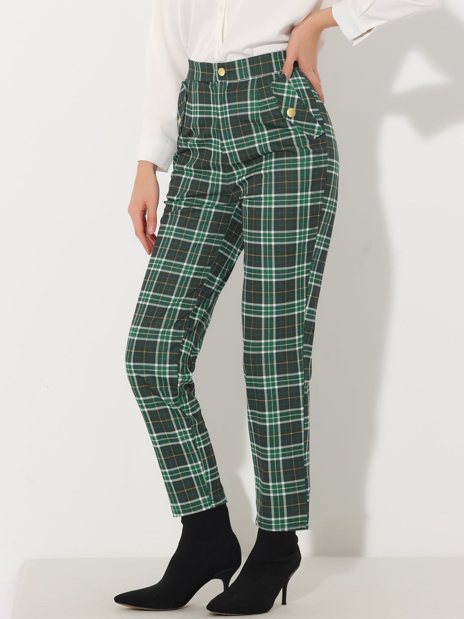 DARING DIVA Women's Tartan Plaid Pants Elastic Waist Straight Trousers L Green White