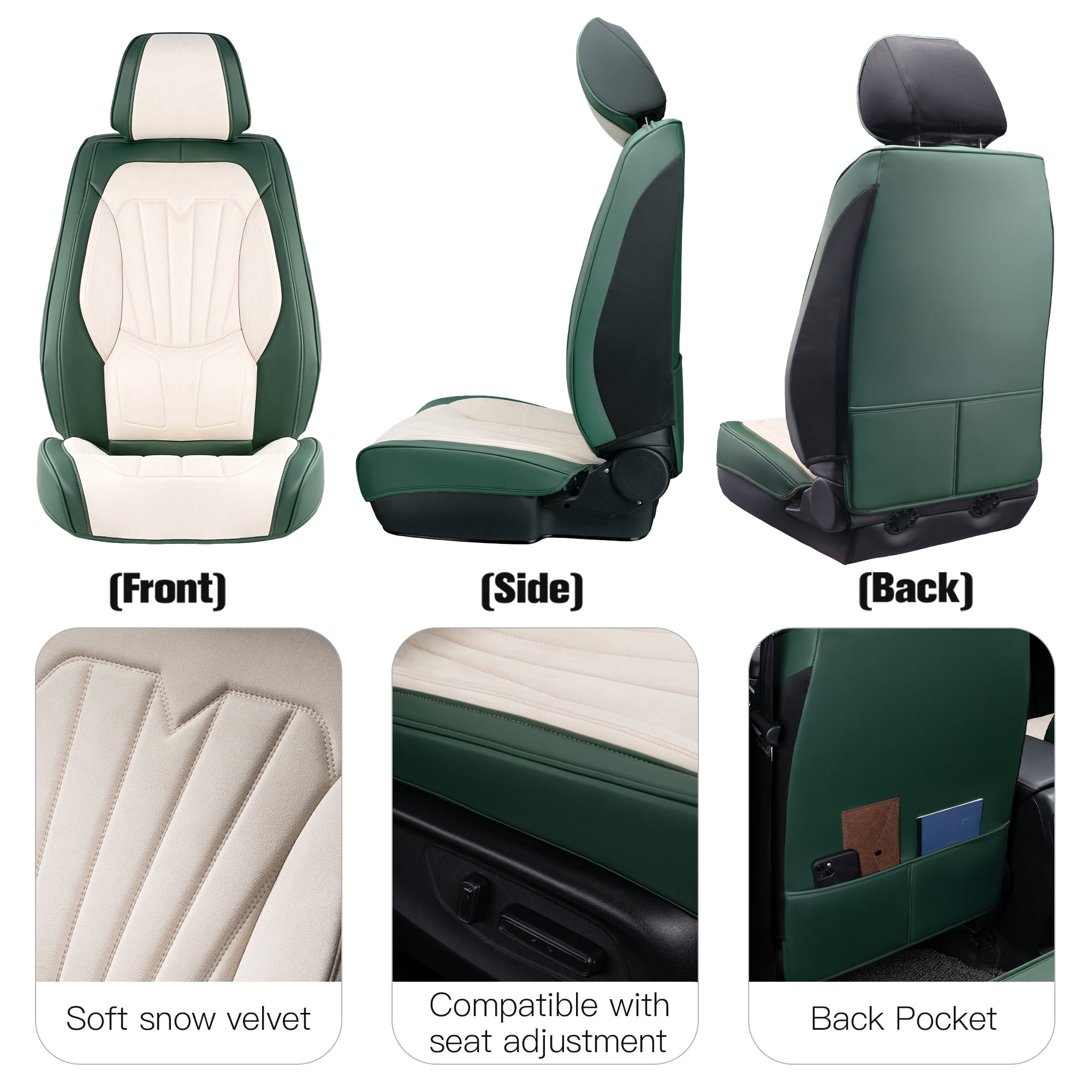 Caromop Universal Car Seat Covers Full Set,3D Foam Support in Velvet & PU Leather,Armrest Compatible for Cars, Trucks, SUVs (Beige/Green)