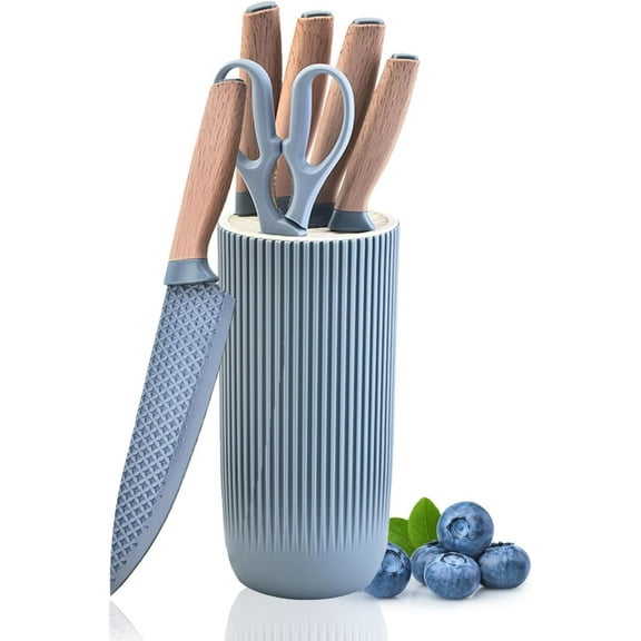 Kitchen Block Knife Sets, 6-Pieces Blue Chef Knife Set with Removable Round Block, Non-stick & Non-slip Stainless Steel Sharp Knife Set for Restaurant Home Cooking, Gifts for Mom Wife Girl