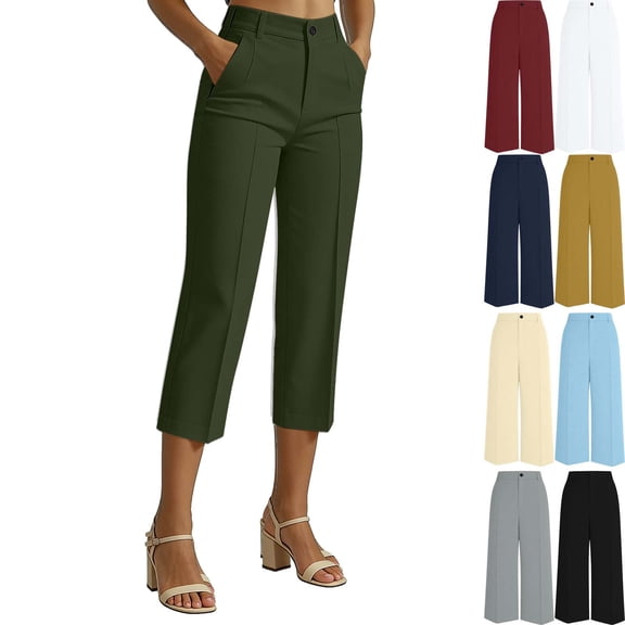 Women's Capri Dress Pants Business Casual High Waist Stretchy Workwear Office Straight Leg Solid 3/4 Length Work Pants