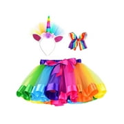 SimpliKids Girls Tutu Rainbow Layered Tulle Tutu Skirt Dress up Costumes Unicorn Headband Hair Bow