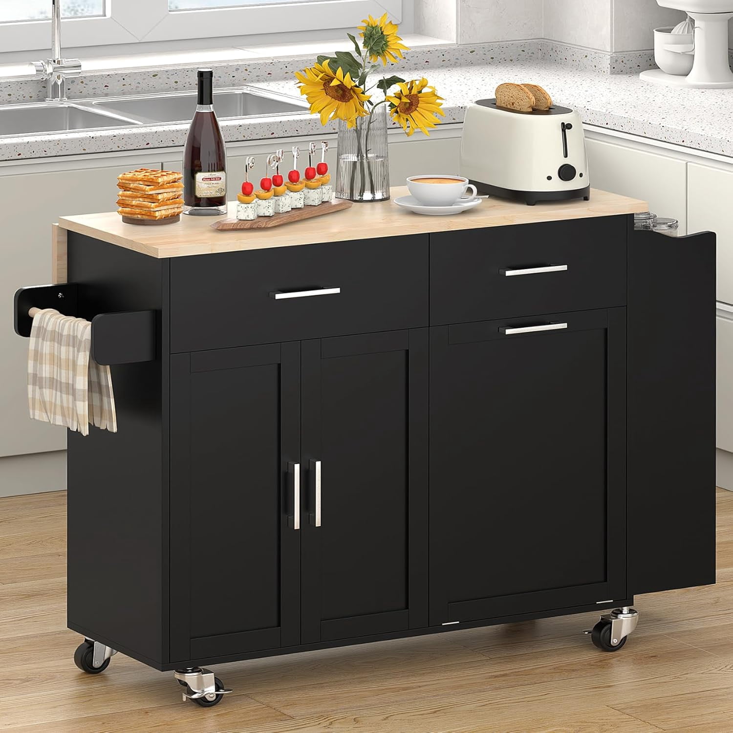 Frmobepts Rolling Kitchen Island with Drop Leaf, Tilt Out Kitchen Trash Cabinet 10 Gallon Storage, Kitchen Cart Island with Rubber wood Top, Spice Rack and Drawers,Black