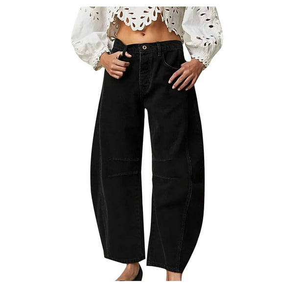 Jsaierl Barrel Jeans Women,Mid Rise Barrel Jeans for Women Loose Fit Wide Leg Jeans Y2K Boyfriend Baggy Cropped Denim Pants with Pockets
