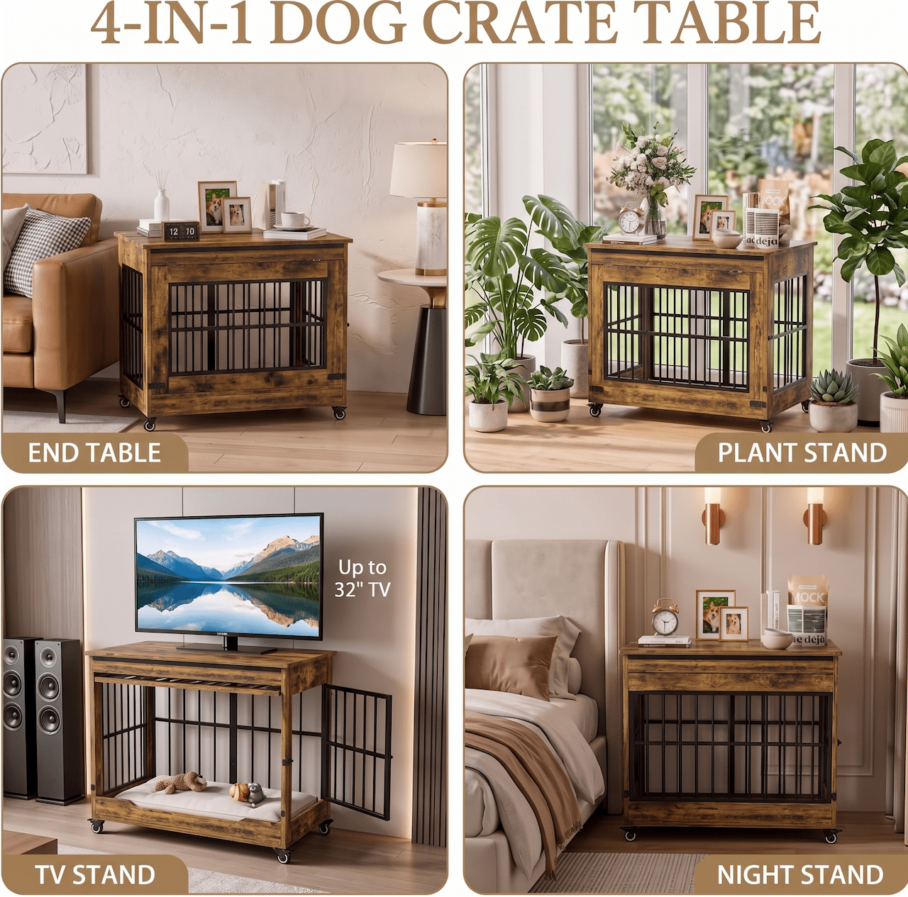 Xiweot 32" Dog Crate Furniture, Wooden Dog Kennel with Double Doors & Wheels, Indoor Pet Cage End Table for Small & Medium Dogs, Dog Kennel Furniture with Privacy Curtain, Size M, Rustic Brown