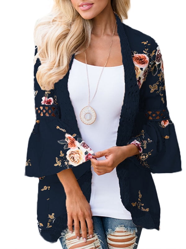 suanret Women Printed Cardigan Long Sleeve Kimono Cardigans Maxi Beachwear Thin Outerwear Coat Summer Floral Beach Cover Ups