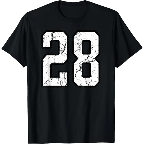 Vintage Athletic Style Varsity Number 28 Graphic T-Shirt - Retro Distressed Sports Numbered Jersey Tee for Men and Women - Classic Distressed Collegiate Apparel
