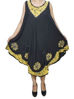 Mogul Womens Summer Sleeveless Casual Swing Tank Dress Umbrealla Cover Up Batik Embroidered Loose Comfy Sundress
