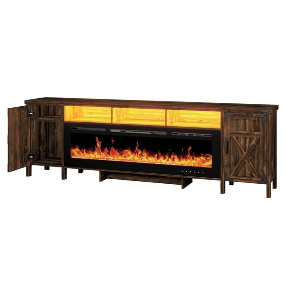 JassmiPkwy 94.5" Farmhouse Fireplace TV Stand for TVs Up to 100", with 60" Electric Fireplace, LED Lights, Barn Door, Brown