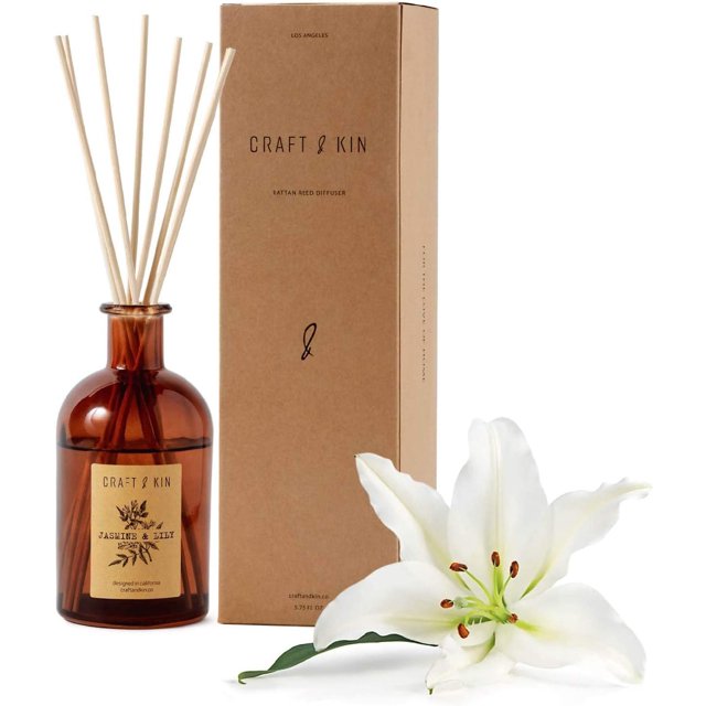 Reed Diffuser Sticks 'Jasmine & Lily Scent' Set, Includes 8 Rattan Scented Sticks Diffuser Reeds, All-Natural Essential Oil & Elegant Amber Glass Vase (170ml), Provides Constant Fragrance