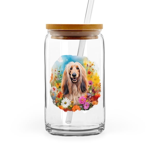 Welcome Spring Summer Afghan Hound Portrait Flower Blue Sky 16oz Glass Cup Mug Dog Lover Glass Can with Bamboo Lid and Straw - 12001