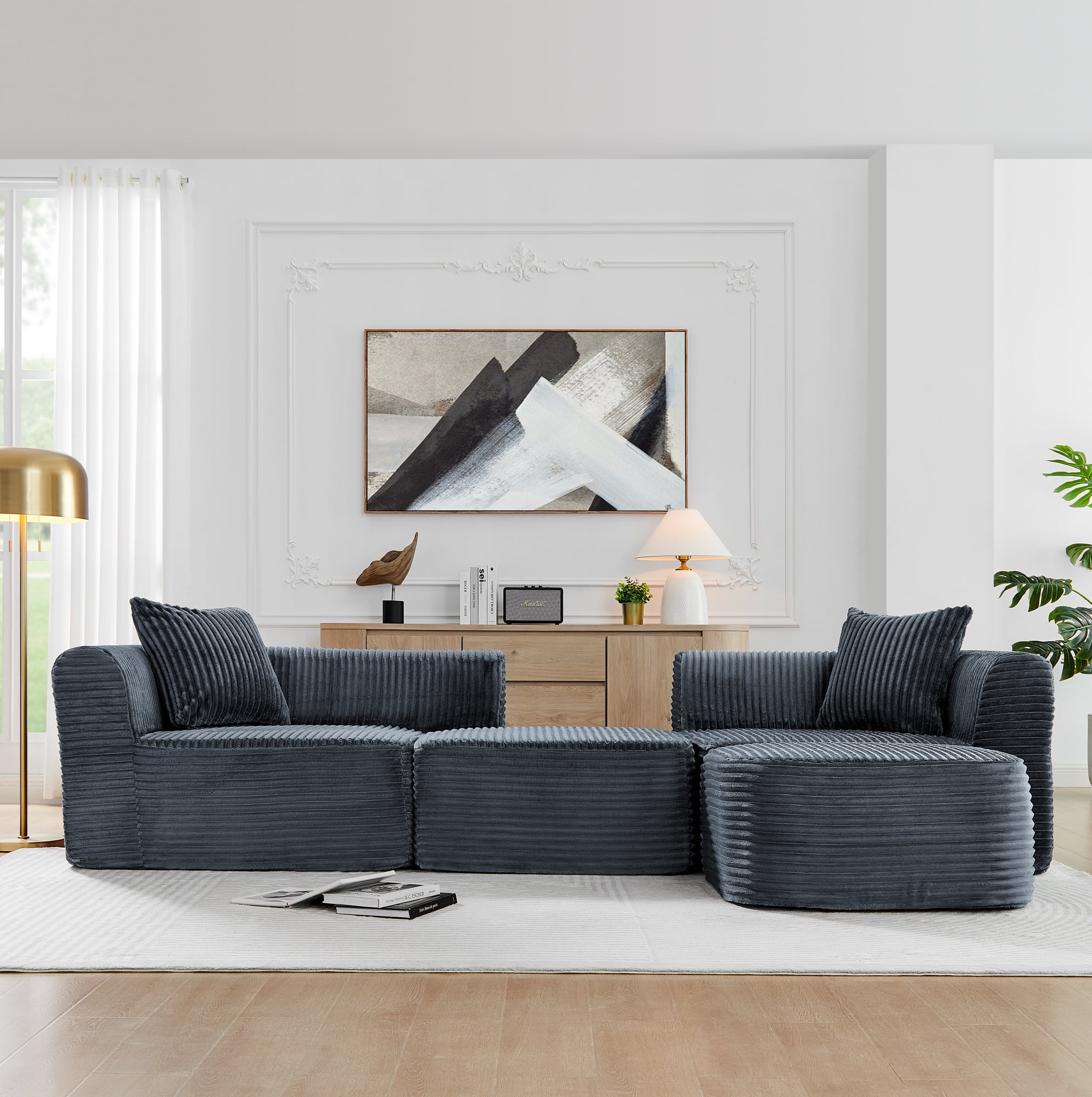 Leumius 114" Cloud Sectional Couch with L-Shape Chaise,Upholstered Corduroy Modular Sofa with Movable Ottoman for Living Room Bedroom, No Assembly Required,Grey