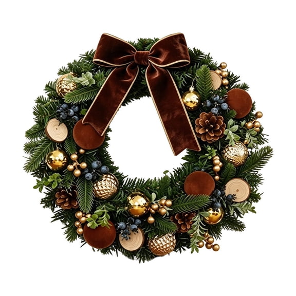 Tanyzvel 16 Inch Artificial Pine Christmas Wreath with Brown Velvet Bow for Front Door
