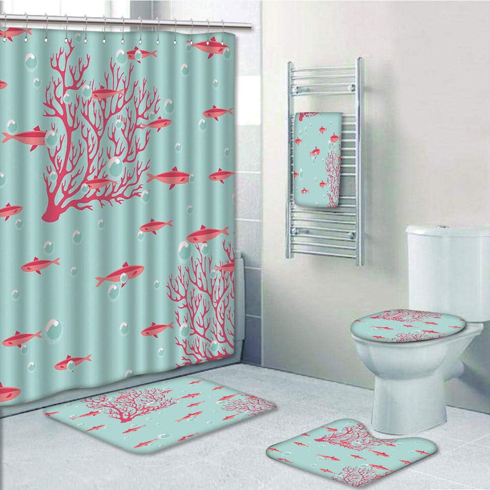 Erehome Coral Aquatic With Little Cute Fishes Coral Reef Bubbles Water Coral Dark Coral Baby 5 Piece Bathroom Set Shower Curtain Bath Towel Bath Rug Contour Mat And Toilet Lid Cover