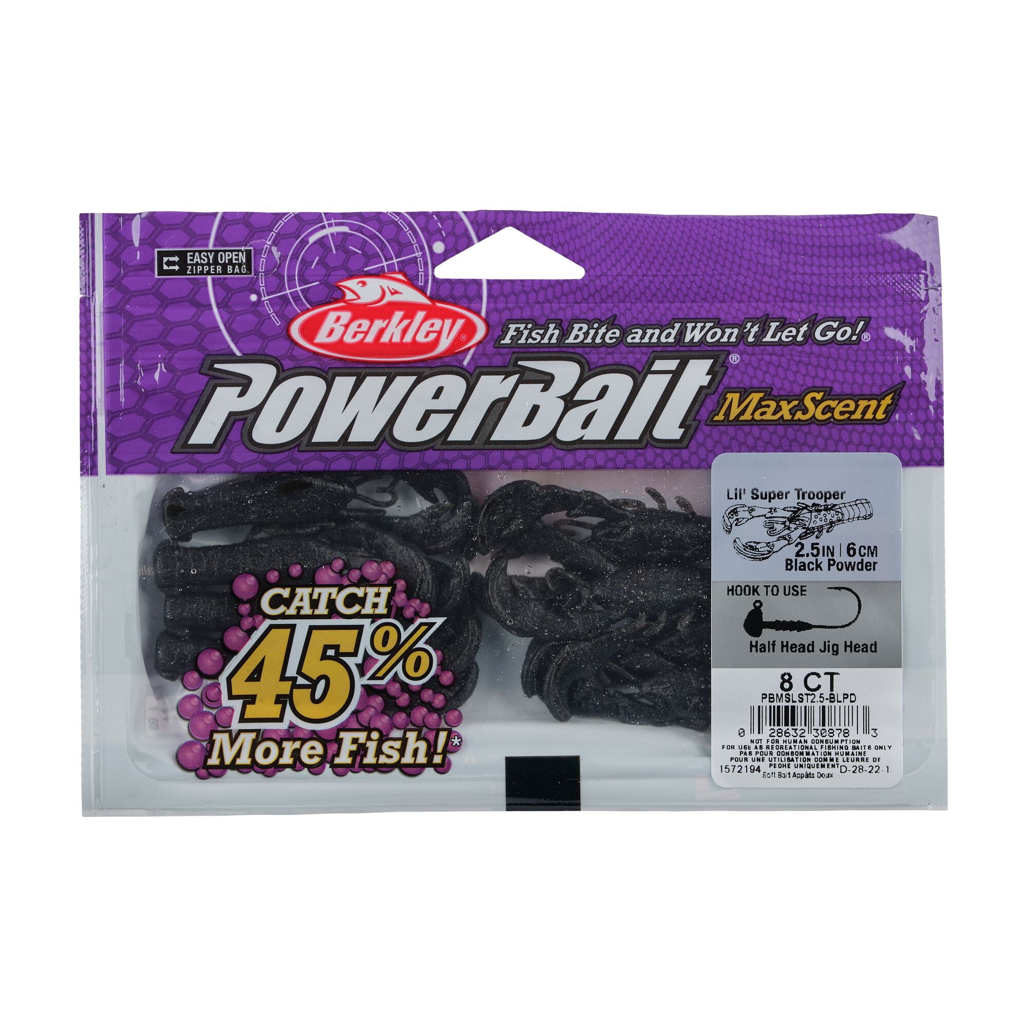 Berkley PowerBait® MaxScent Lil' Super Trooper, 2.5 in, Craws, Black Powder (8 Count)
