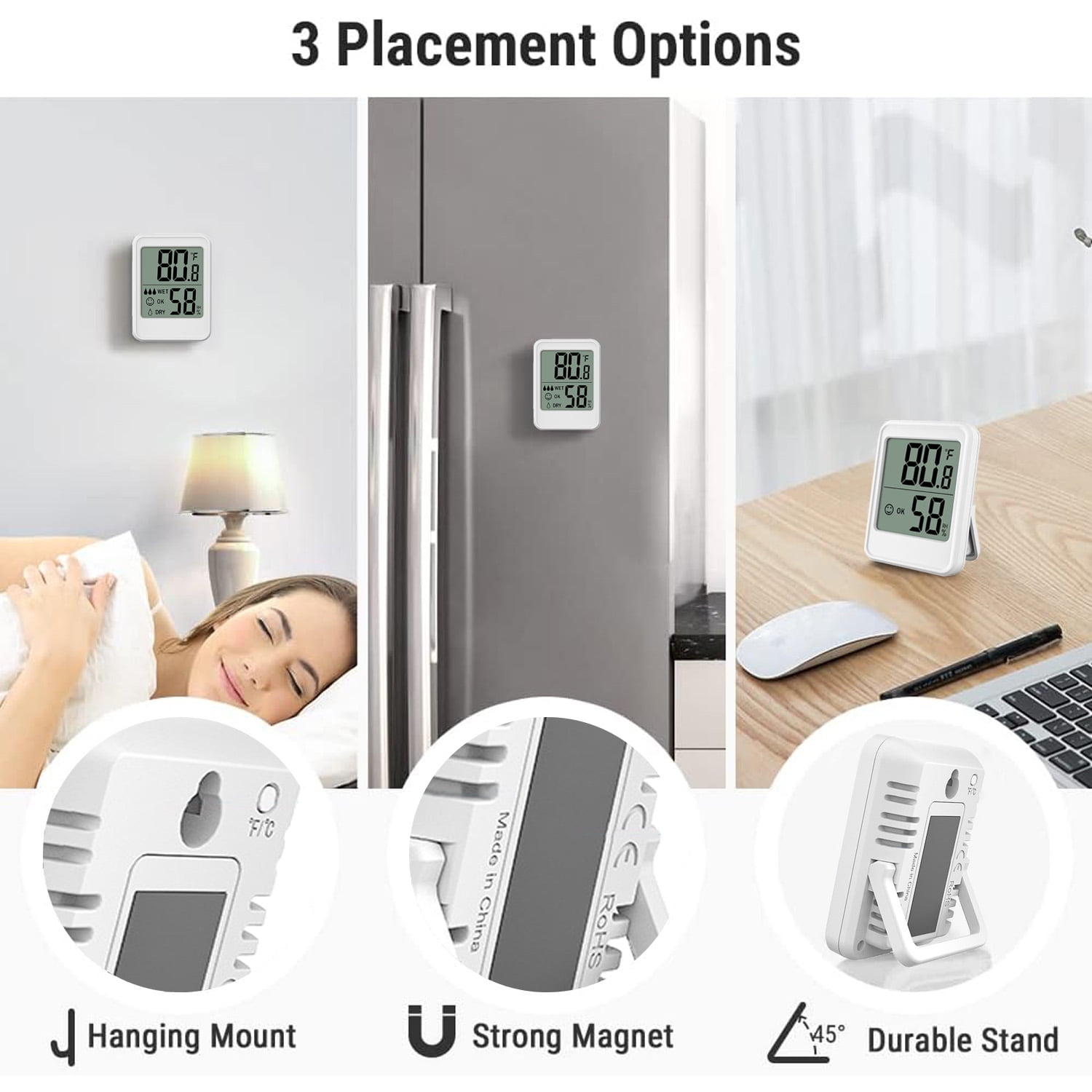 Meamaz 2-Piece Magnetic Digital Humidity Thermometer - °C/°F Convertible, Comfort Reminder, Stand/Hang Options for Home, Kitchen & Ba-by Room
