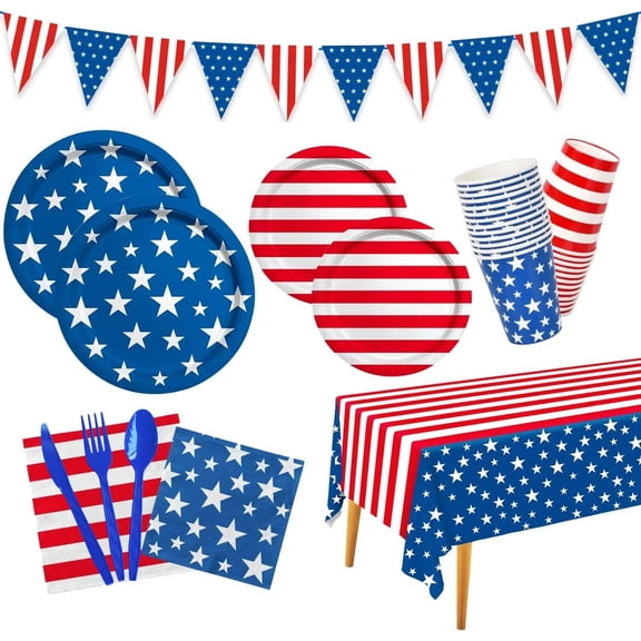 177PCS 4th of July Party Supplies for 25 Guests, American Flag Disposable Tableware Set with Plates Napkins Cups Plastic Cutlery, Patriotic Decorations for Independence Day BBQ Picnic