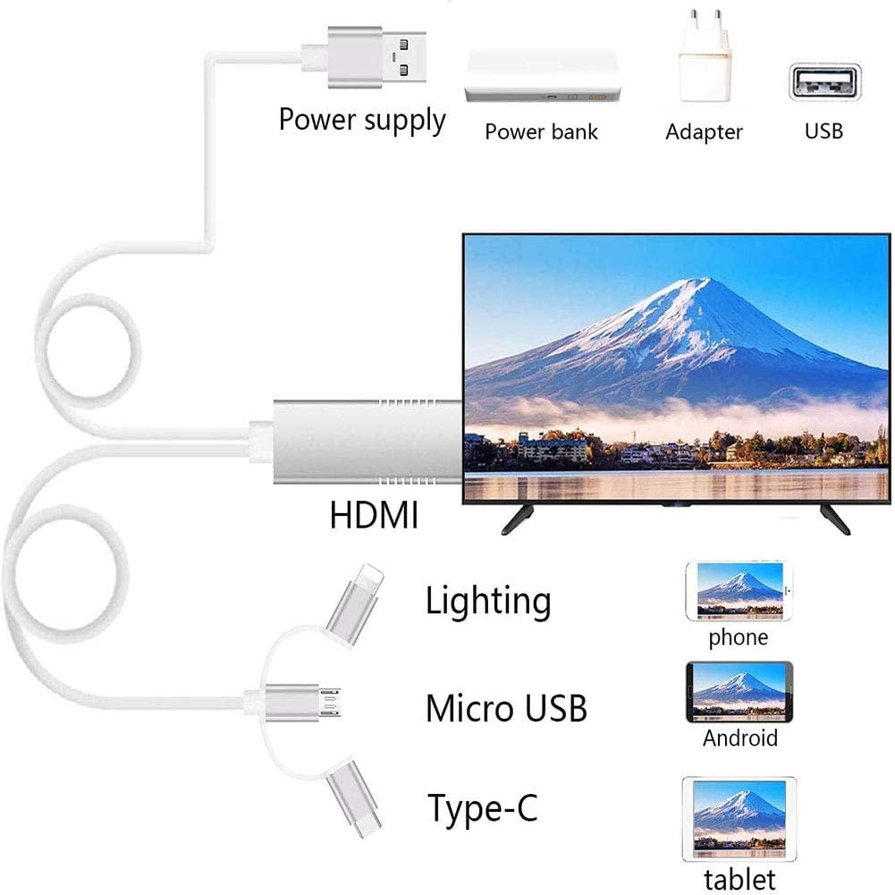 tablet para TV 1080 P Negro 3 en 1 iPhone/Micro Usb/tipo C a HDMI Cable móvil
