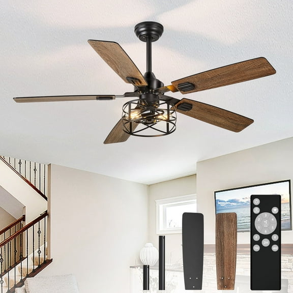 52-Inch Caged Ceiling Fans with Lights: Dual Finish 5 Black Walnut Blades Hanging Fan - Rustic Ceiling Fan with Remote APP Control for Farmhouse Indoor/Outdoor Use
