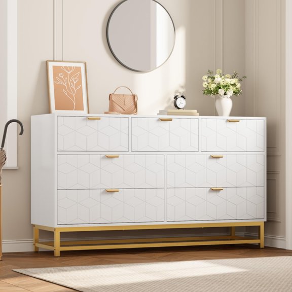 White Dresser for Bedroom,53.5" Wide Dresser Organizer,7 Drawer with Golden Metal Handle and Legs,Modern Chest of Drawers for Closet,Hallway,Living Room,Entryway