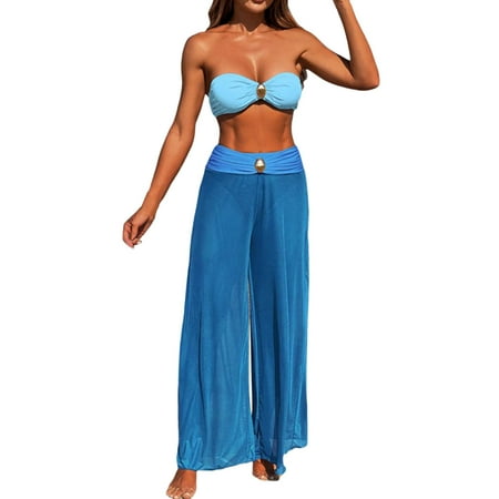 JIANJIA Womens Swimsuits Solid Color Strapless Brassiere With Thongs Long Mesh Pants Beach Swimsuit Three Piece Tankinis Swimwears Bathing Suits Blue Xl