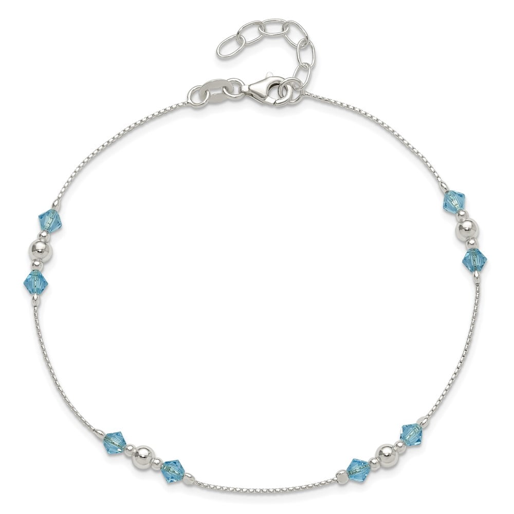 Sterling Silver Polished CZ and Bead 10in Plus 1in ext. Anklet