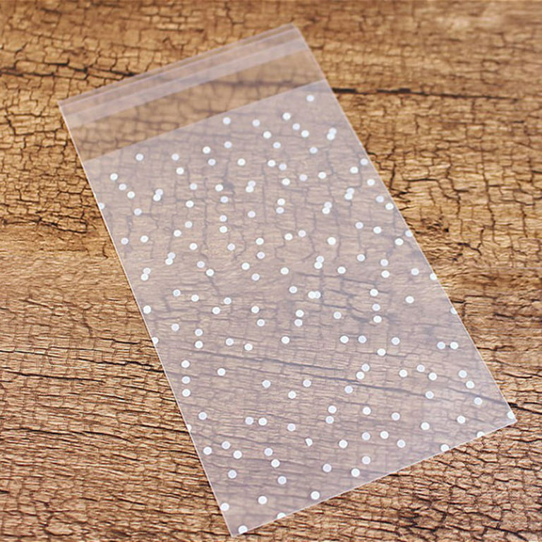 Yirtree 100 Pack DIY Self Adhesive Plastic Transparent Candy Cookie Gift Bag, Reclosable White Polka Dot Self Sealing Packaging Bags, Chocolate Small