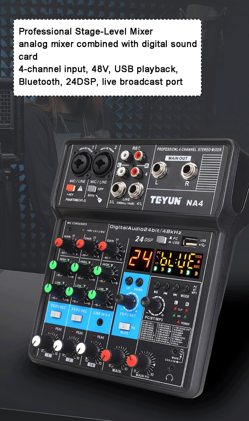 Mini 4-Channel Audio DJ Mixer Console, Professional Audio Mixer with Bluetooth, USB & DSP Effects for KTVs