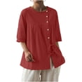 thumbnail image 1 of Mujeres 3/4 Manga Verano Tops Color Sólido Cuello Redondo Botón Cordón Blusa Casual para Diario, 1 of 7