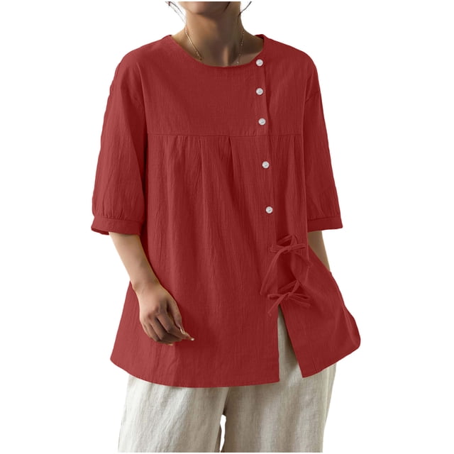 Mujeres 3/4 Manga Verano Tops Color Sólido Cuello Redondo Botón Cordón Blusa Casual para Diario