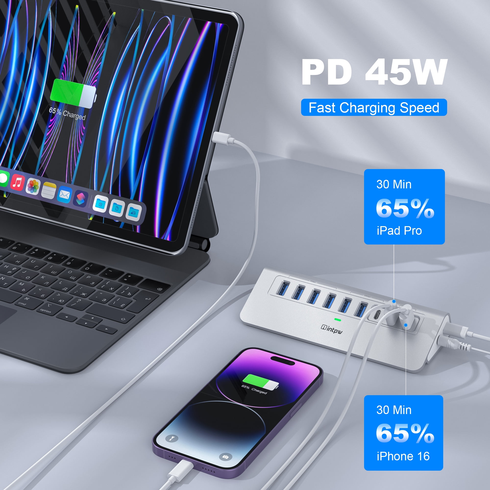 INTPW Powered USB C Hub for Laptop, 9-Port USB Hub with 10Gbps Data Transfer, 45W PD Charging, USB C and USB A Ports for MacBook and PC