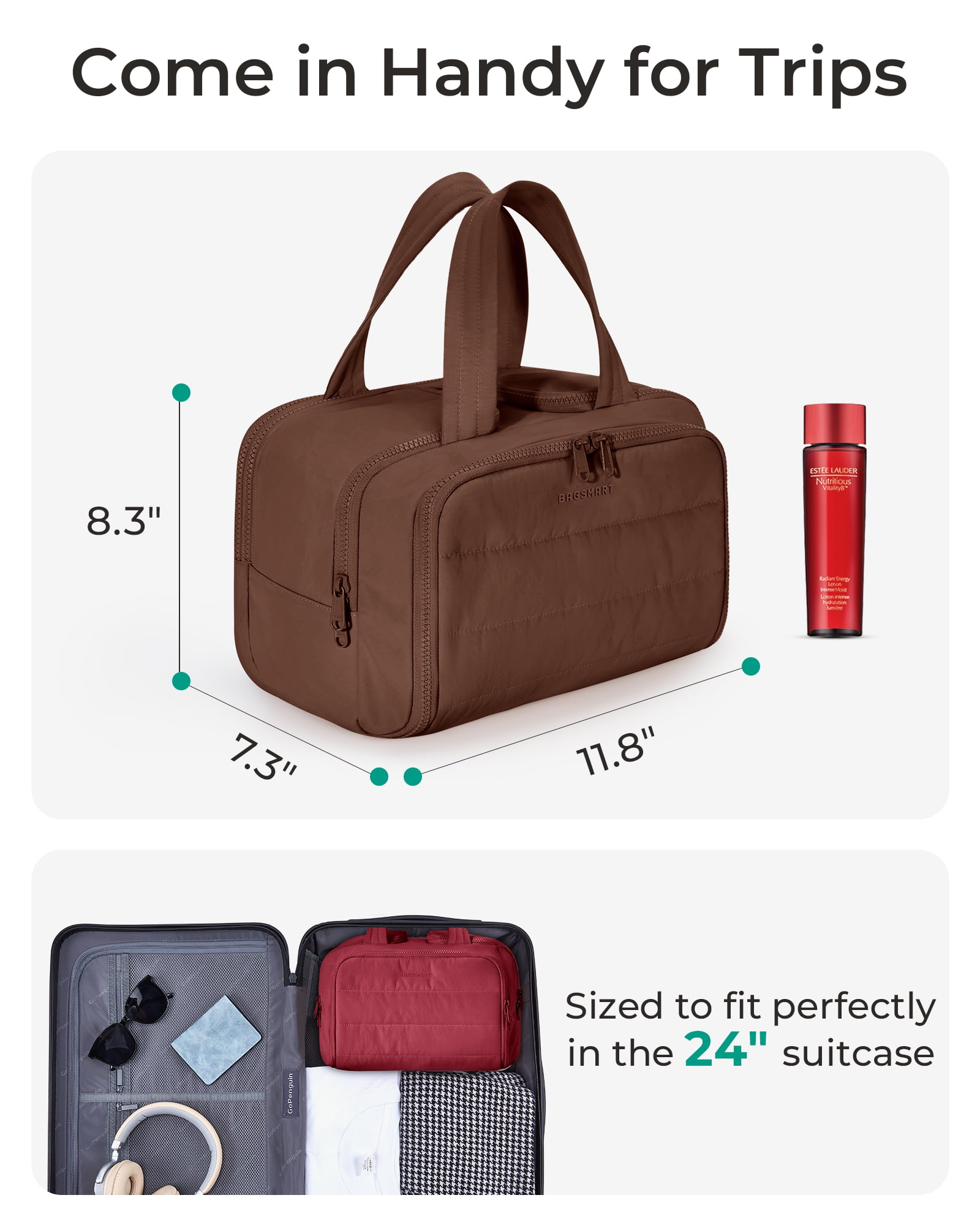 BAGSMART Crush Toiletry Bag for Travel, Lightweight Large Wide-open Travel Bag for Women, Puffy Cosmetic Makeup Bag Organizer with Handle for Accessories,Essentials, Toiletries, Coffee
